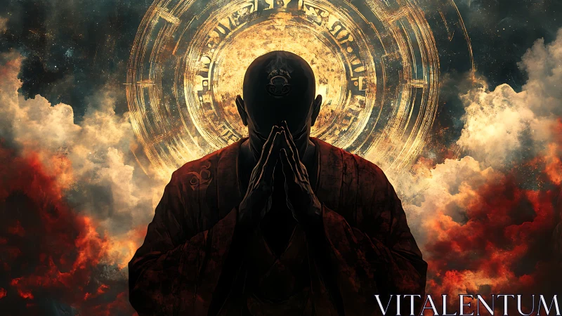Silhouetted monk before luminous circular sigil and clouds.