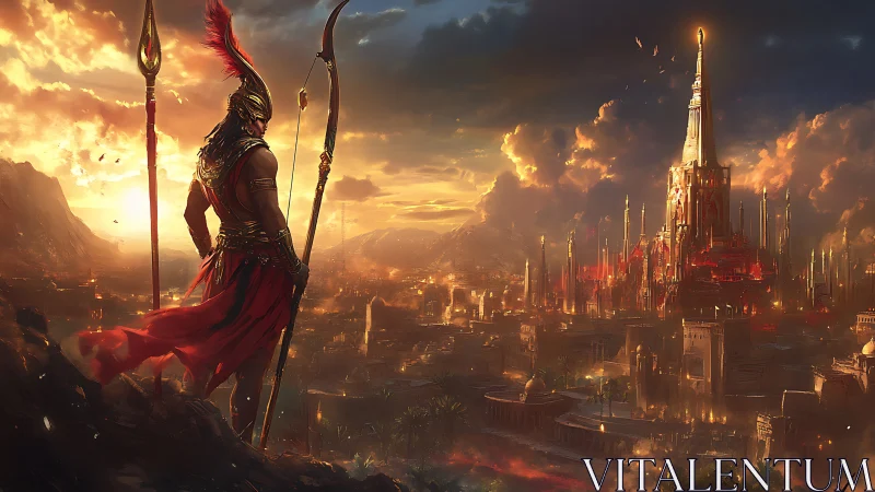 Warrior overlooks burning fantasy citadel at sunset.