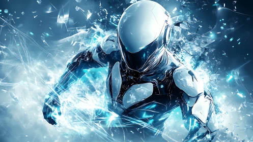 Cyborg warrior shatters glass in electric blue energy burst.