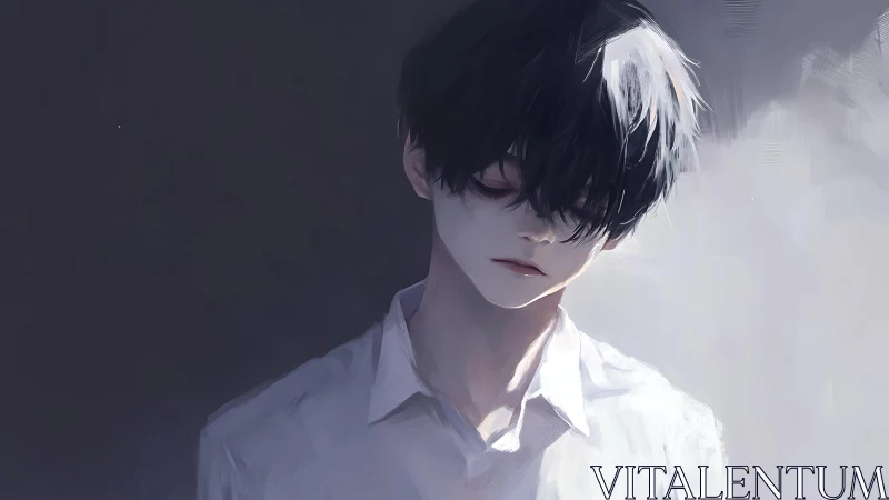 Melancholic boy with dark hair in soft digital portrait.
