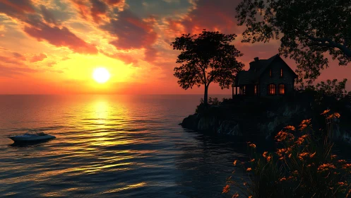 Lakeside cottage and boat at vivid orange sunset glow.