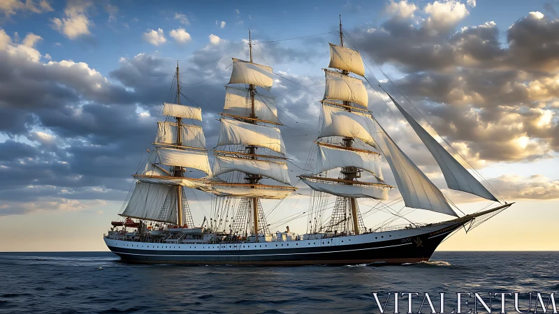 Sunlit tall ship gliding under storybook evening clouds.
