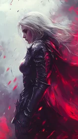 Storm-lit warrior in crimson cloak walking through embers.