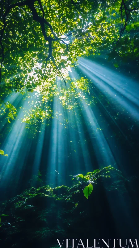 Gentle sunbeams streaming through a lush green forest canopy.