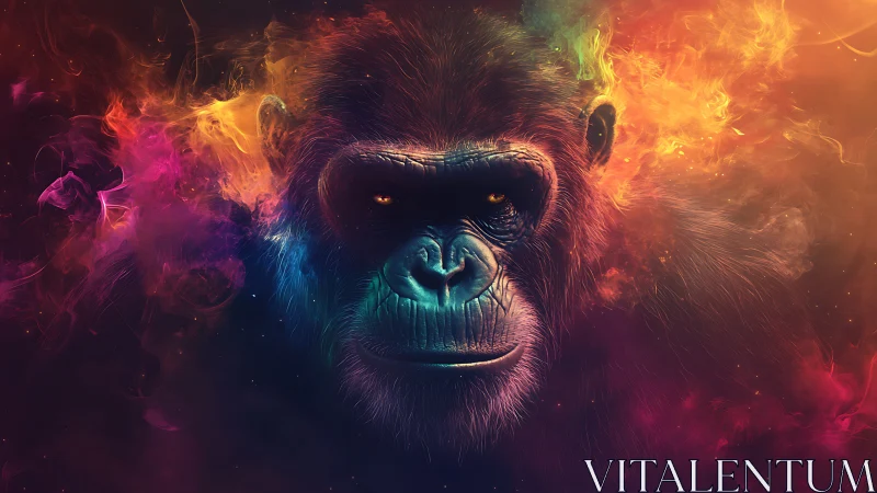 Cosmic primate portrait glowing in swirling neon clouds.