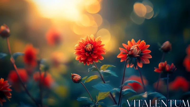 Radiant Dahlias Glowing Against Golden Hour Bokeh.
