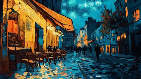Nocturnal caf&eacute; street scene in expressive impasto brushwork.