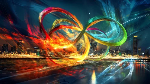 Neon energy ribbons swirl above futuristic night skyline.