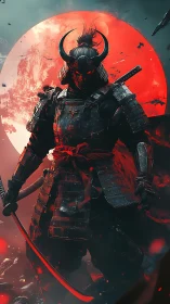 Bloodlit demon samurai before blazing red eclipse moon.