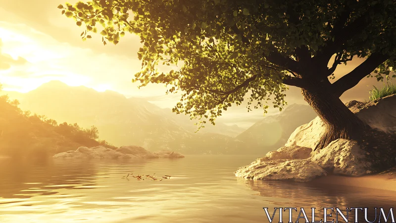 Golden hour lakeside tree with rocky shore and distant mountains