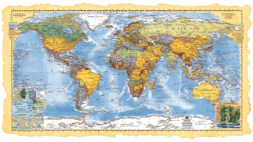 Vintage political world map with textured parchment border.