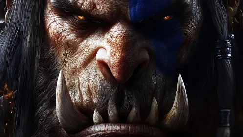 Savage orc warlord close-up with blue warpaint glare.