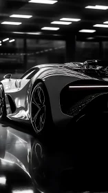 Monochrome hypercar glides through reflective showroom floor.