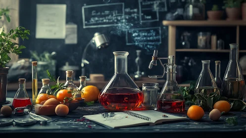Citrus alchemy brews in a moody botanist’s kitchen lab.