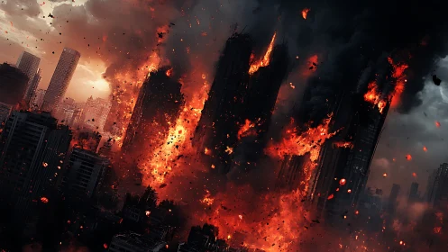 Urban highrise firestorm under catastrophic structural failure.