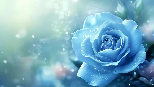 Blue rose with water droplets on blurred background.