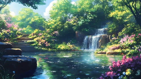 Sunlit garden waterfall reflects across tranquil pond