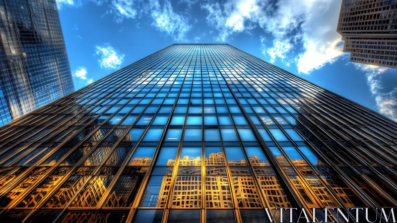 Glass skyscraper facade with golden city reflections at dusk.