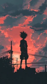 Silhouetted youth contemplates a neon red stormy sunset sky.