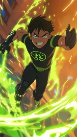 Young speed hero sprints through neon green energy trail.