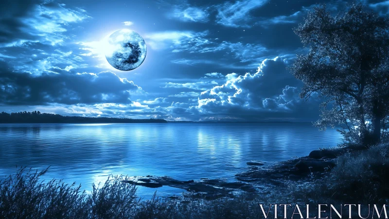 Large moon over calm lake with clouds and shoreline vegetation.