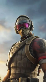 Armored gamer hero gazing ahead in glowing evening light.