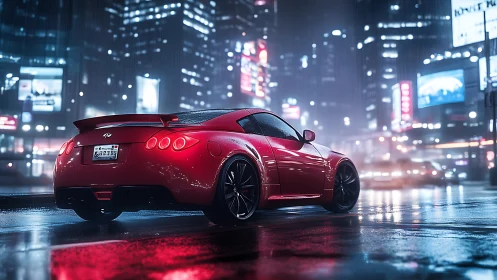 Rain-soaked red sports coupe under neon-lit urban skyline at night