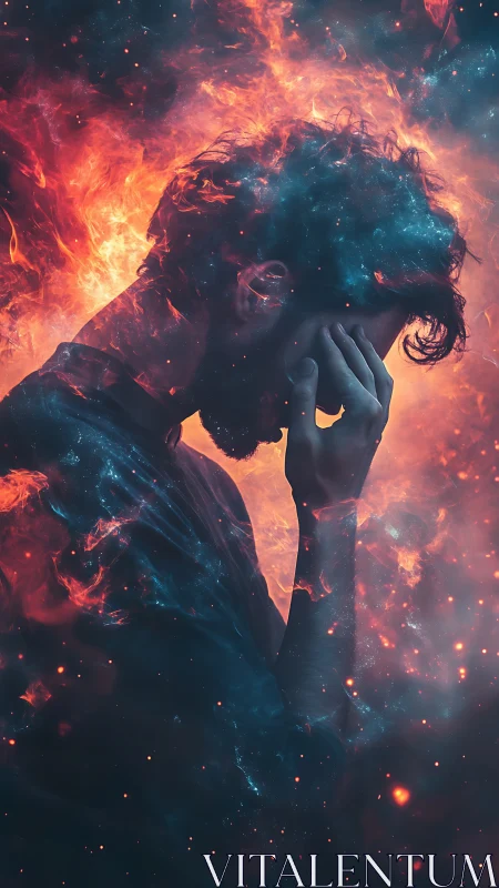 Male silhouette in profile framed by abstract fiery nebula.