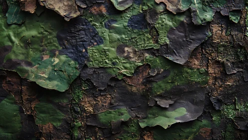 Camouflage fabric fragments peel across weathered bark surface