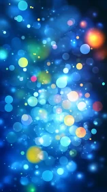 Shimmering bokeh orbs over deep blue abstract field.