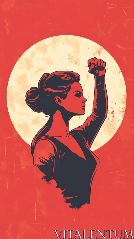 Defiant female figure in bold red minimalist vector style.