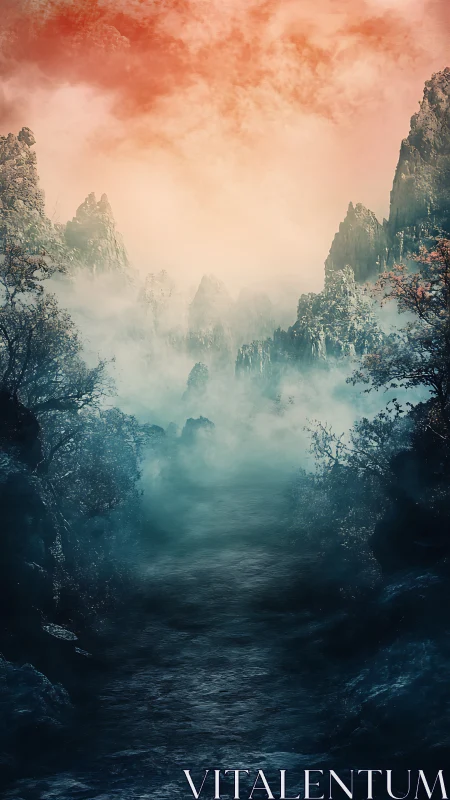 Mist-drowned canyon under ember skies and whispering cliffs.