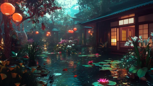 Lantern-lit koi pond animates a nocturnal Japanese courtyard