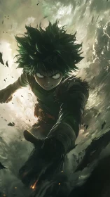 Storm-charged hero dives through shattering emerald light