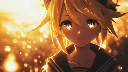Anime-style blond character in warm backlit sunset scene.