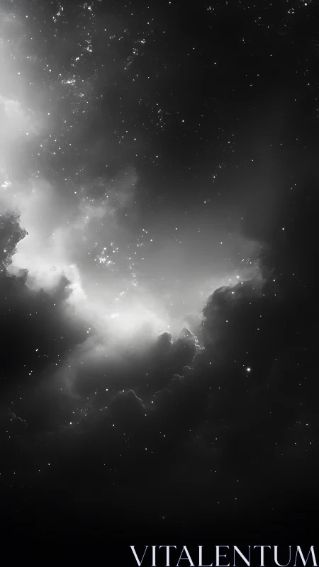 Starlit nebula veil drifting through monochrome cosmic night.