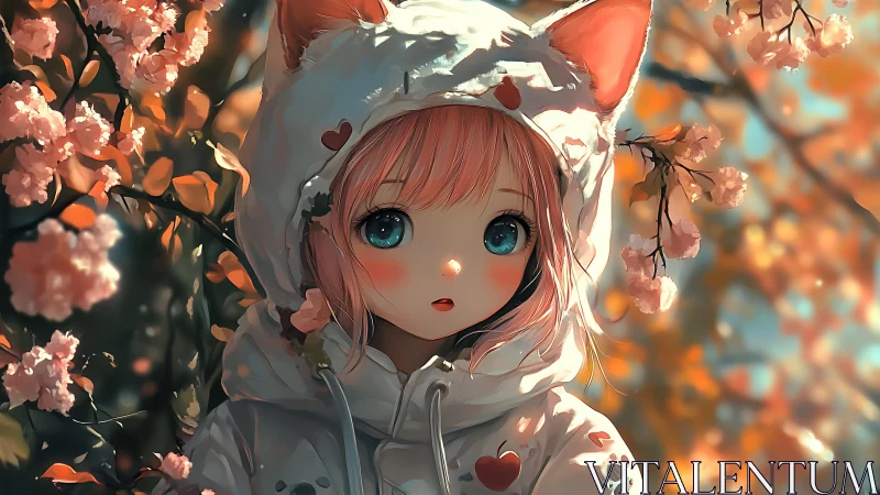 Pink haired girl in cat ear hoodie amid blooming branches