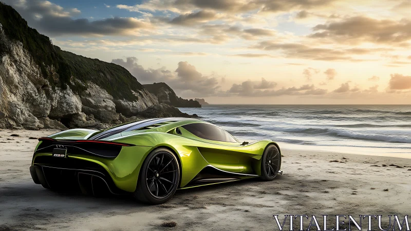 Sunset-shining green supercar savors a quiet ocean escape