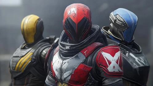 Bold sci-fi trio stand united in worn, colorful armor