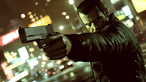 Tense gunman aims pistol in neon lit urban night scene.