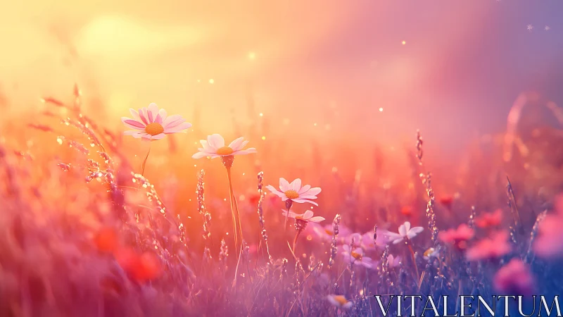 Daisy flowers in soft-focus field with gradient sky