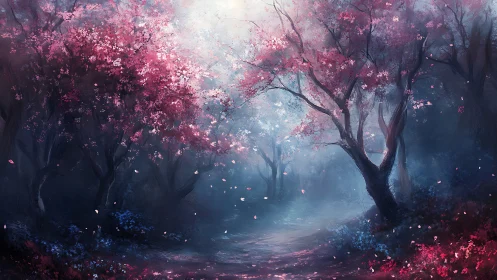 Twilight blossom path winding through a dreamlike forest.