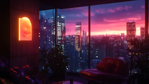 High-rise interior with city skyline at sunset viewed inside.