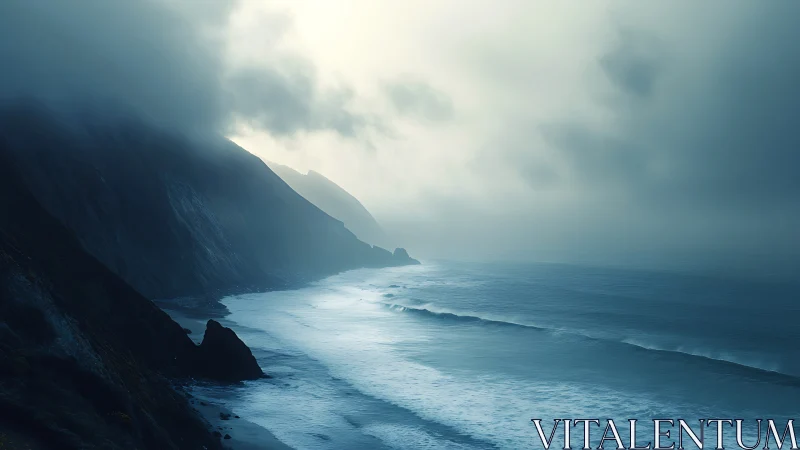 Moody fogbound coastline with steep cliffs and surf.