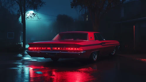 Red classic lowrider glows under moody blue streetlight rain