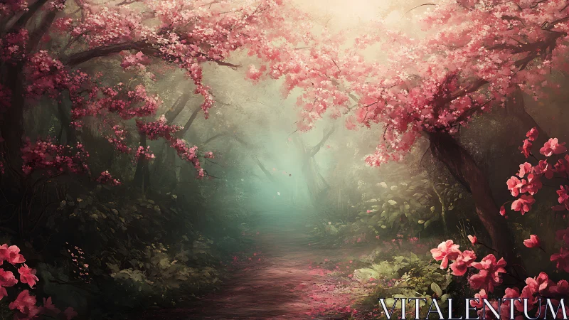Garden pathway lined with pink flowering trees and undergrowth vegetation