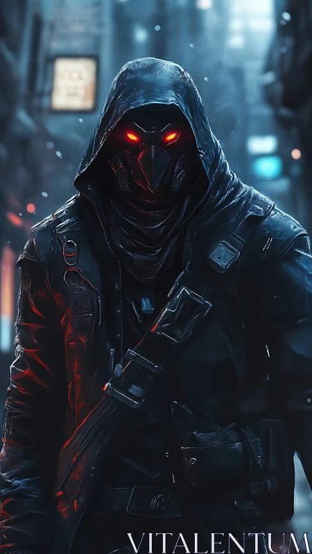 Cybernetic hooded assassin in neon alley with red optics