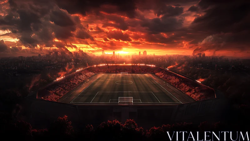 Sunset stadium glows over a smoky, dramatic city skyline
