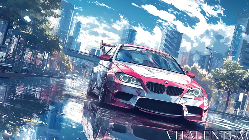 Racing car accelerates along wet city street after rainfall