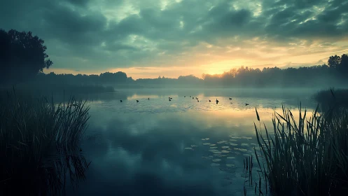 Misty dawn settles over a tranquil lake with distant birds
